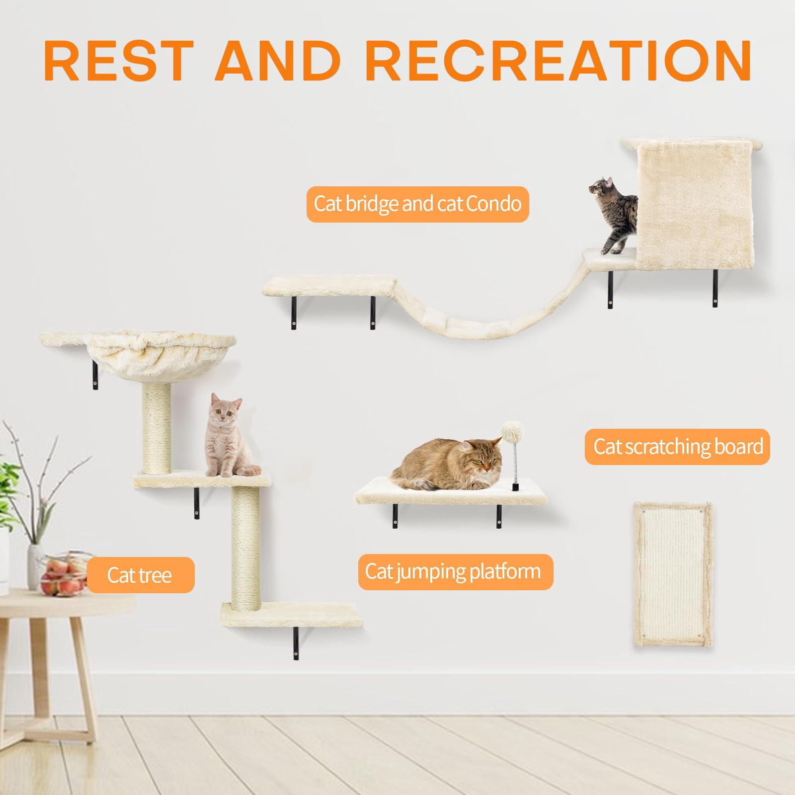Cat Wall Shelves  Multi-level Climbing Furniture Space-saving Wall-mounted Climber Set With Perches Bridge Hammock Board & Ball For Indoor Play (beige)