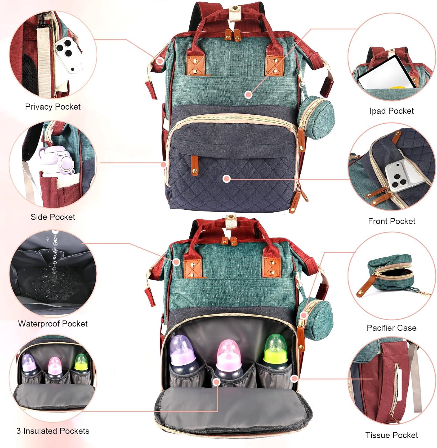 Diaper Bag Backpack Baby Bag,Waterproof, Travel Diaper Bags with Pacifier Case for Baby Girl Boy Backpack for Women (Colorful)