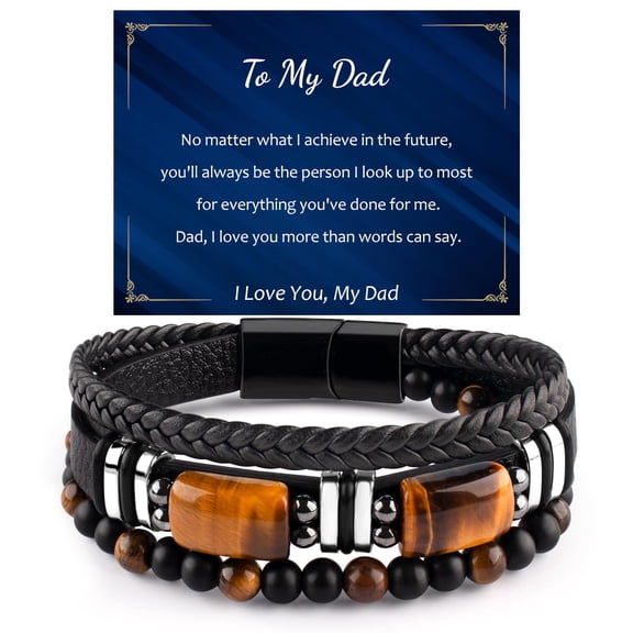 Leather Bracelet for Men - Tiger Eye Beaded Jewelry for Husband Dad Son, Birthday Father's Day Christmas Present