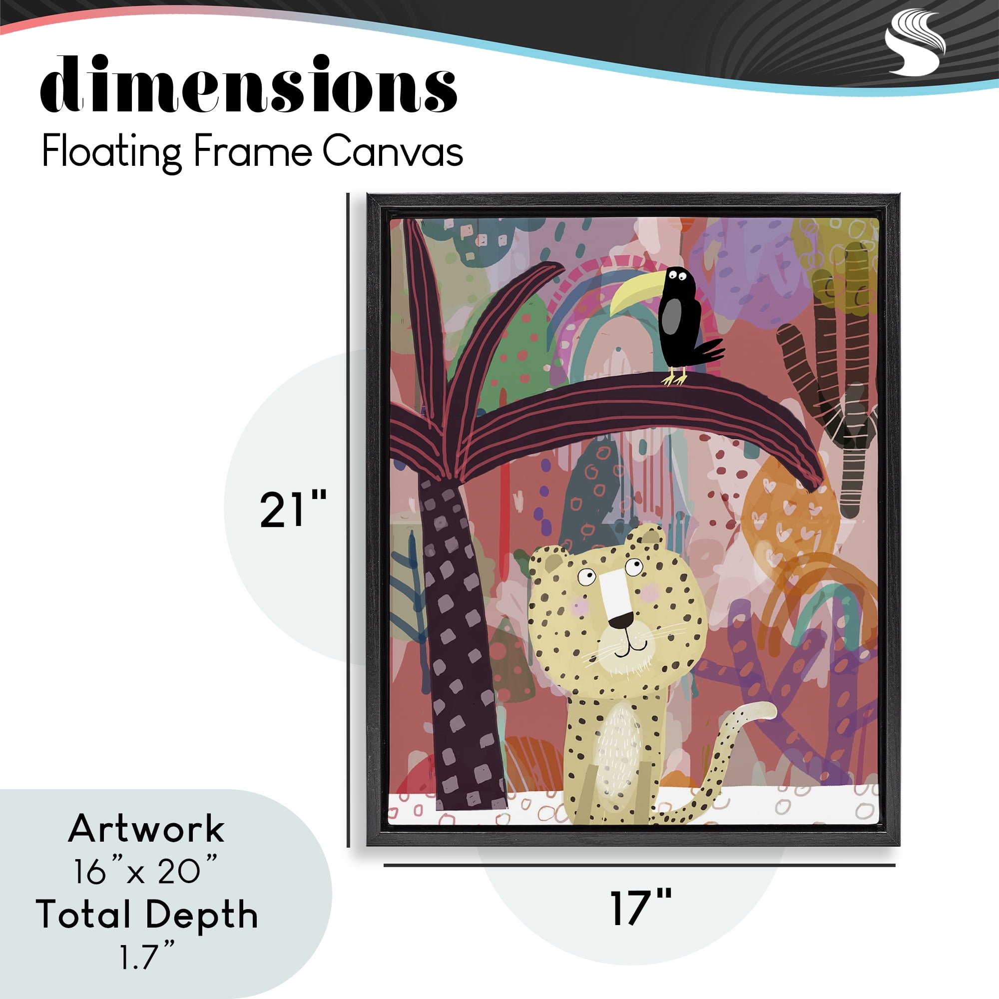 Whimsical Cheetah & Toucan Black Framed Floater Canvas Wall Art, design by Carla Daly