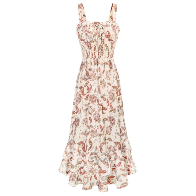 Vestido GRACE KARIN floral boho con cuello cuadrado, largo maxi, beige, talla M