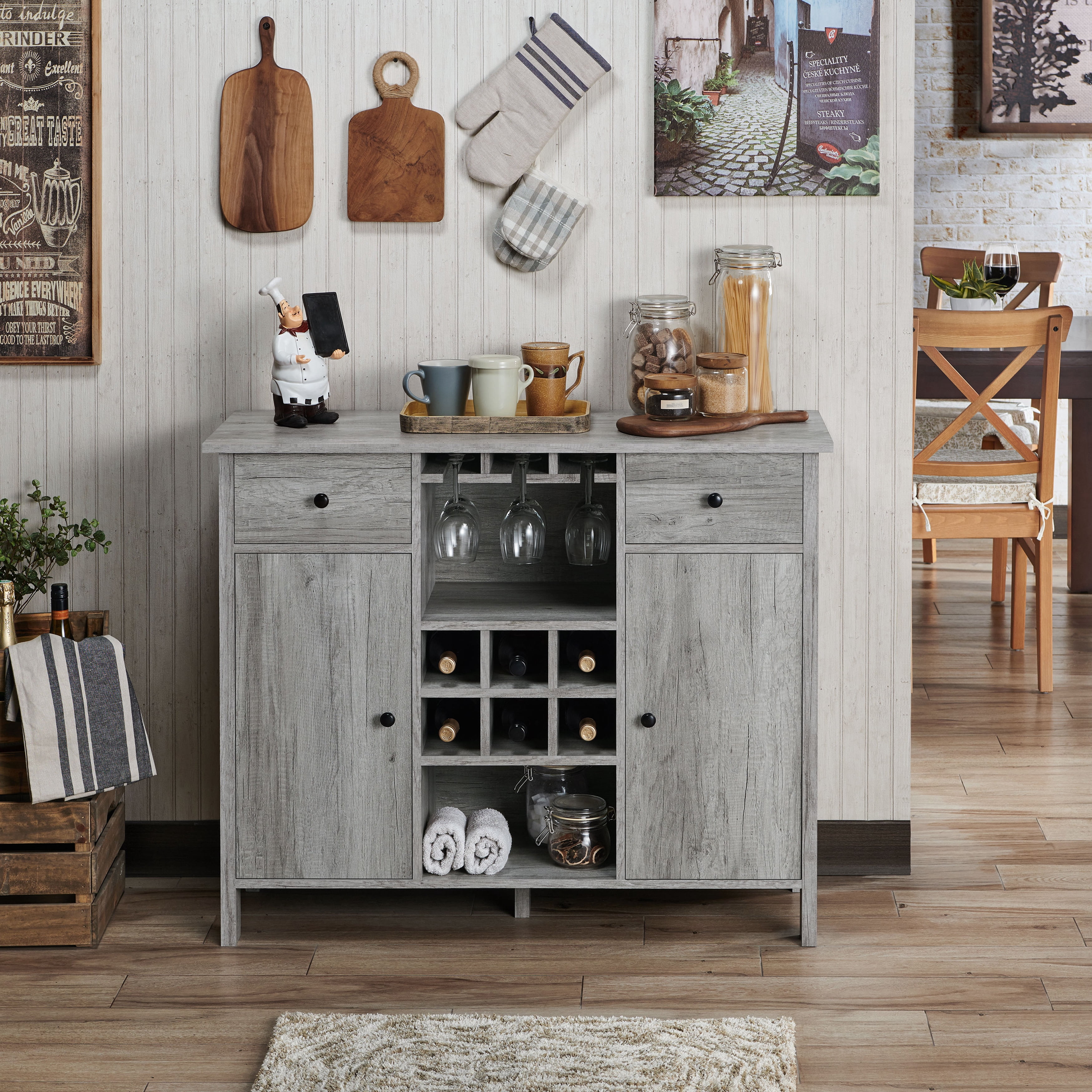 Furniture of America Levy Wood Wine Storage Buffet Table, Vintage Gray Oak