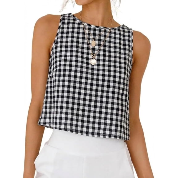 Wrongduck Womens Gingham Crop Tank Tops Sleeveless High Neck Plaid Button Back Summer Casual Beach Vacation Vest