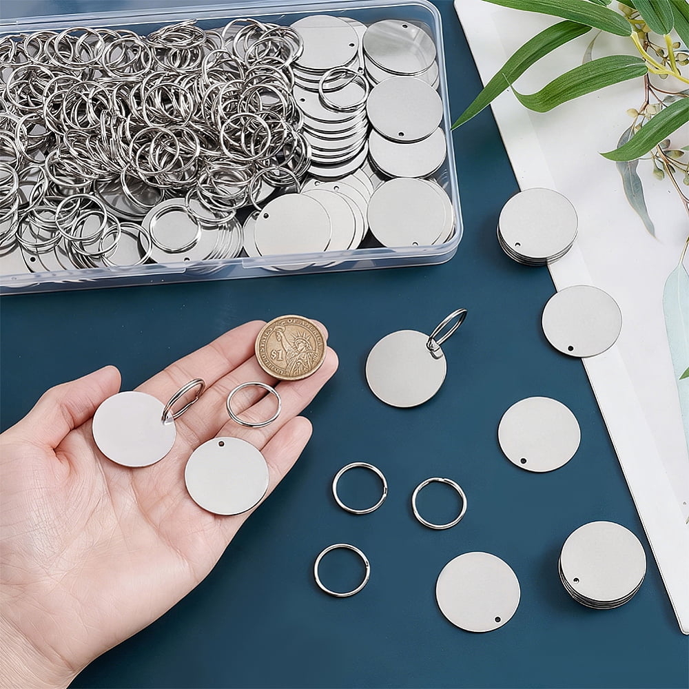 DIY Keychain Making Kits including 304 Stainless Steel Stamping Blank Tag Pendants and Iron Split Key Rings Platinum & Stainless Steel Color 30x1mm