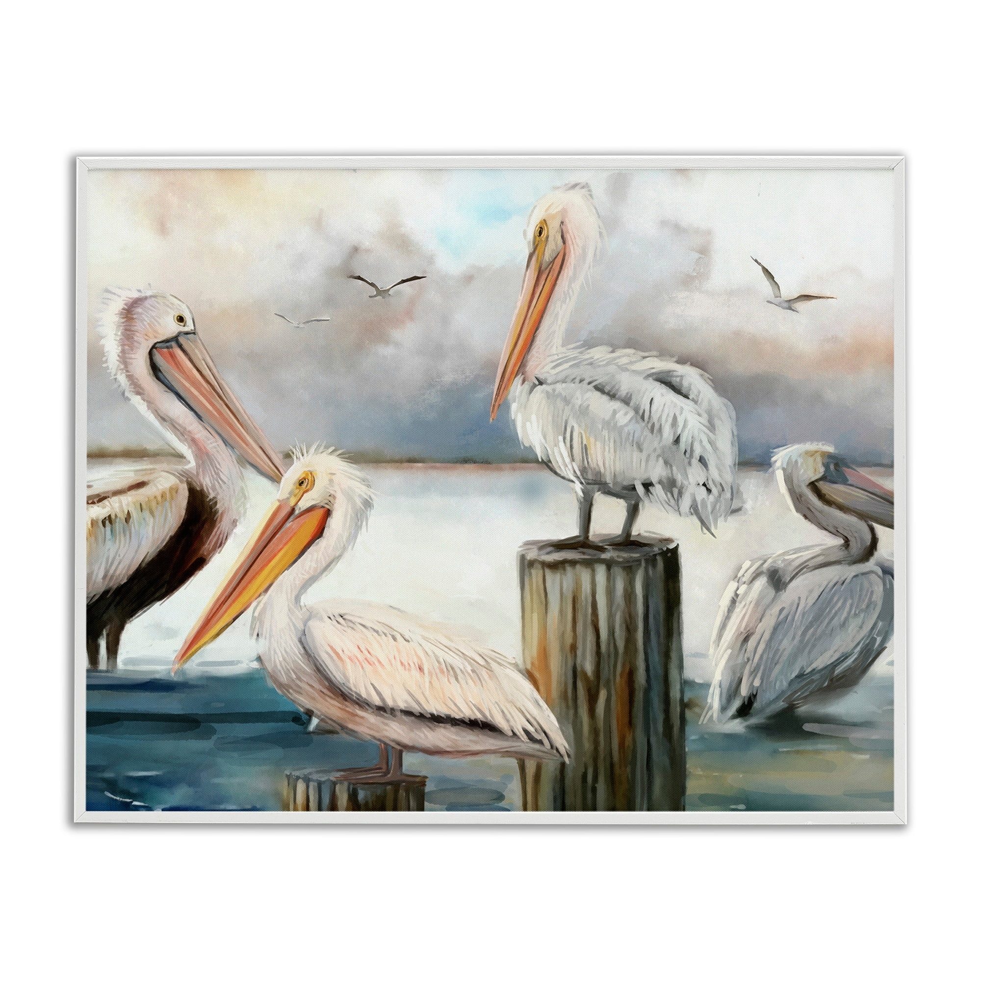Stupell Industries Pelicans Perched Cloudy Horizon Coastal Painting White Framed Art Print Wall Art