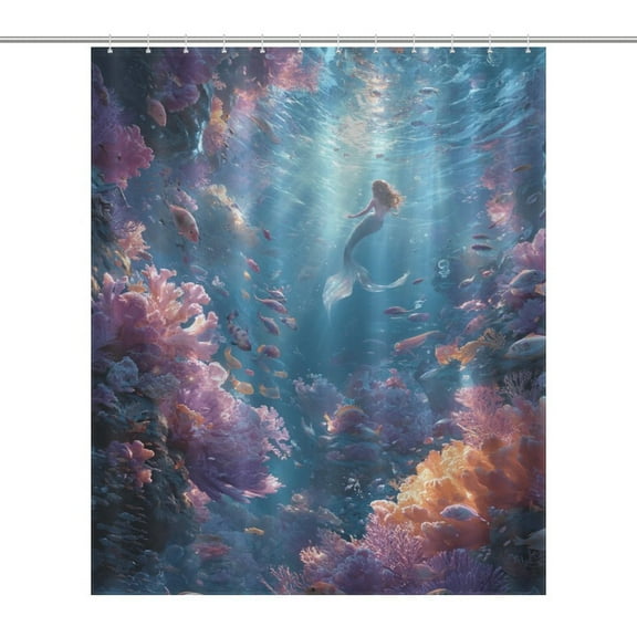 Mermaid Glitter Fish Scale Girls Waterproof Polyester Quick-Drying Shower Curtain for Bathroom with 12 Hooks