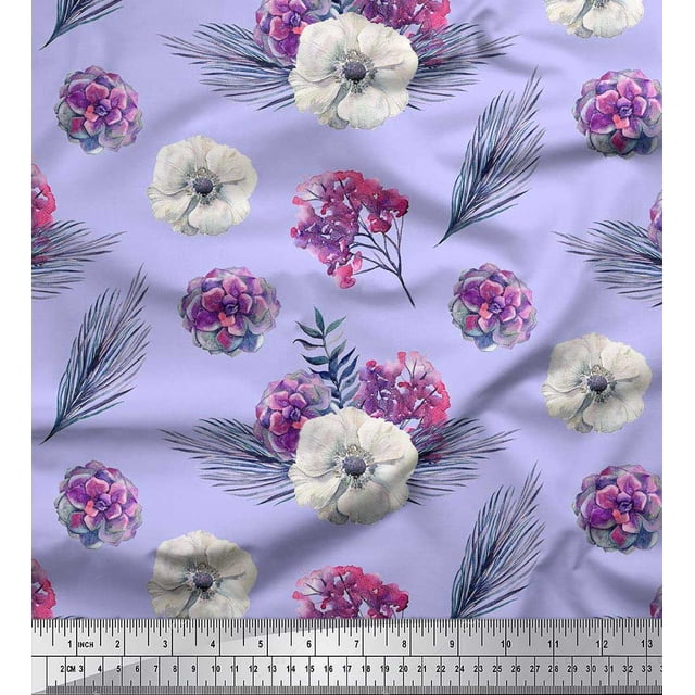 Soimoi Rayon Fabric Leaves,Succulent & Anemone Flower Printed Fabric 1 Yard 56 Inch Wide