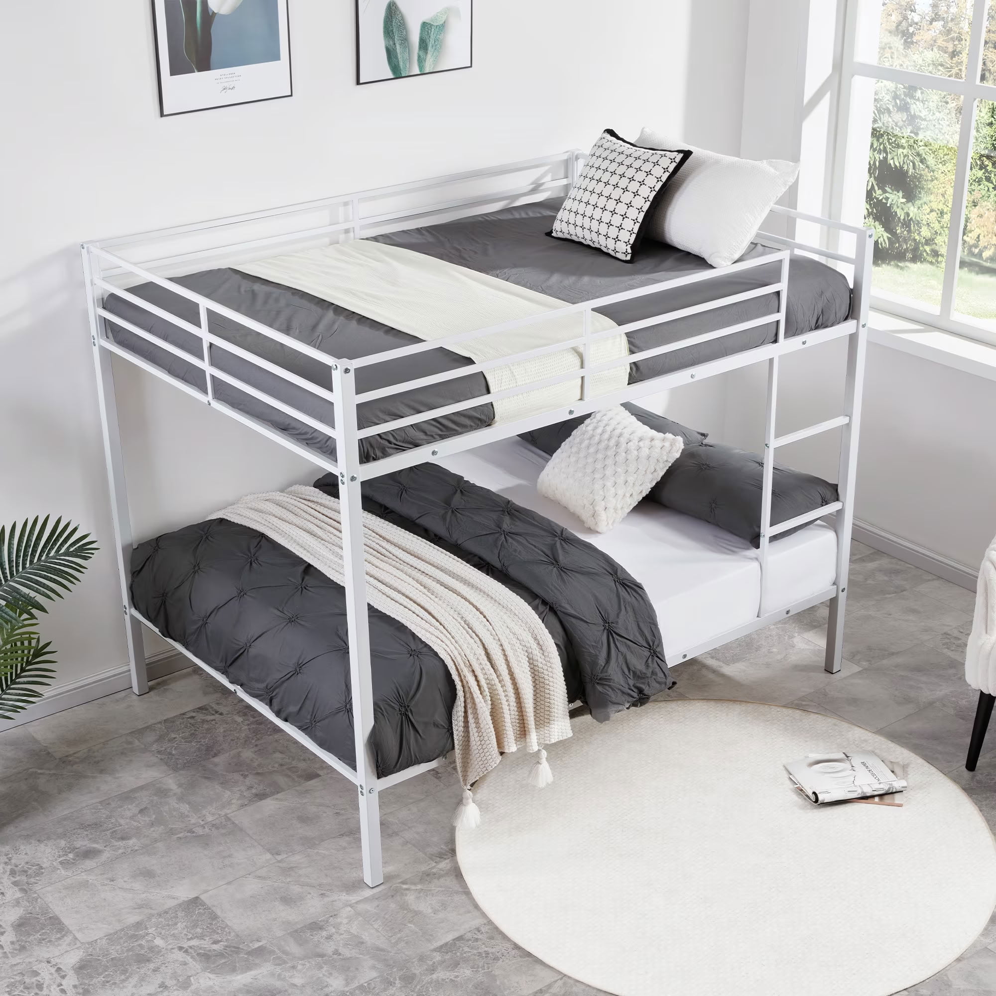 MAYEERTY Full Over Full Metal Bunk Bed, Low Profile Bed Frame with Built-in Ladder and Full Length Guardrails, Space Saving for Kids Teens Dorm Room