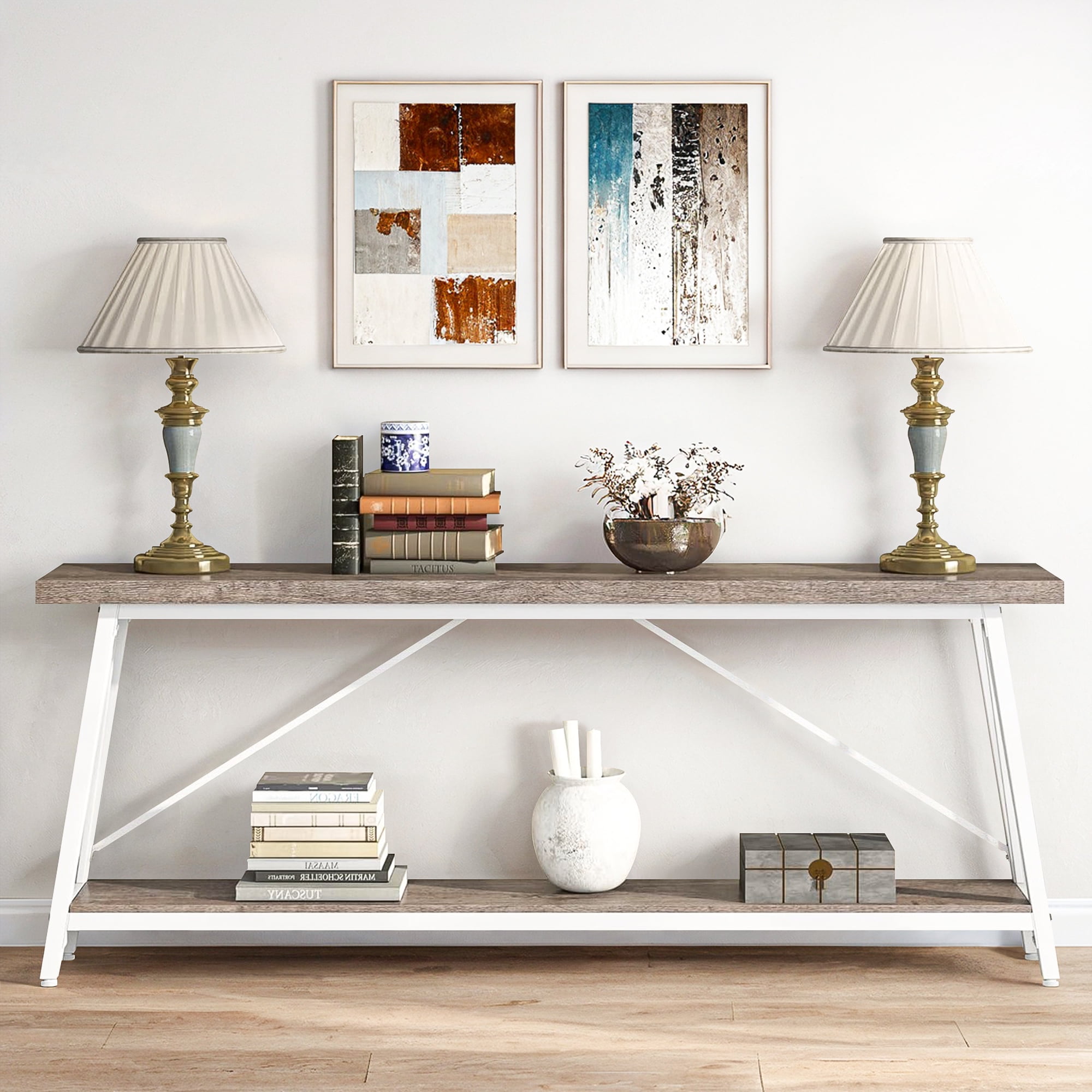 Demi Bonn 70.9" Console Table, Rustic Vintage Narrow Sofa Table for Entryway, Living Room, Hallway, Gray & White