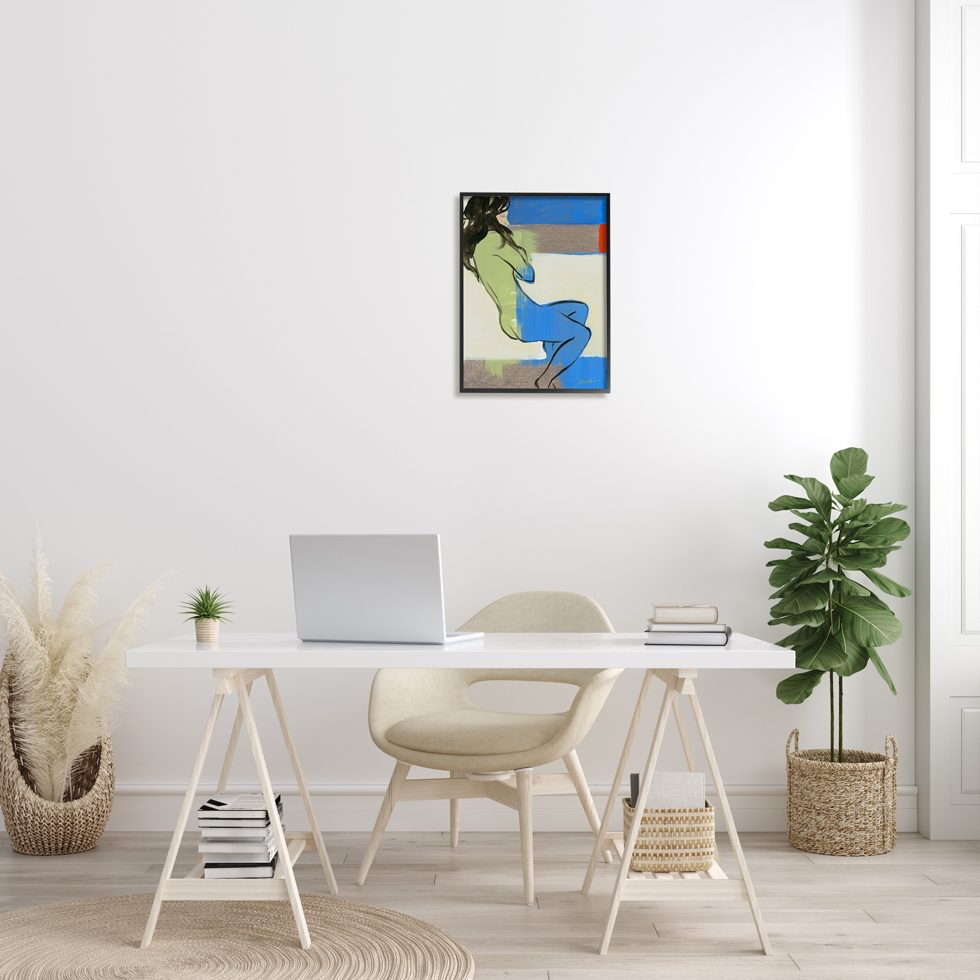 Stupell Industries Abstract Woman Laying over Geometric Shape Collage Abstract Painting Black Framed Art Print Wall Art, 16 x 20