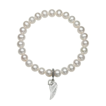 Freshwater Pearl Heart Toggle Bracelet - 7-8mm Cultured Freshwater Pearl with Sterling Silver Heart and Wing Charm Stretch Bracelet, 7.5