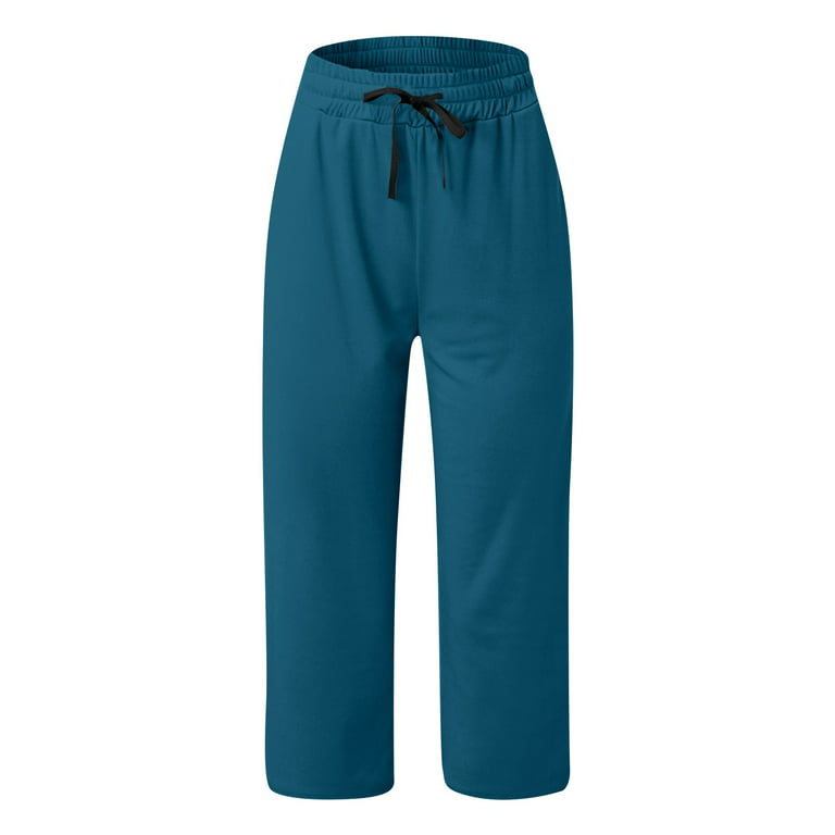 VERUGU Capris Pants for Women Drawstring Large Solid Casual Versatile Loose Cropped  Pants Blue XXL 