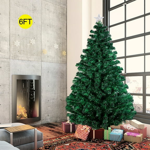 TKOOFN 6Ft Pre-Lit Multicolor Lights Fiber Optic PVC Christmas Tree w/ Stand Holiday Decor