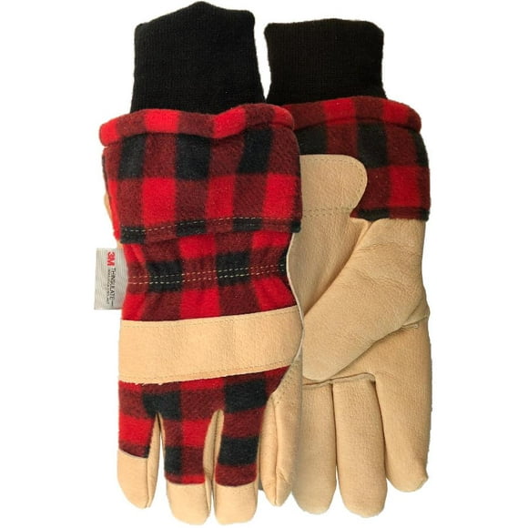 Dames Plein Cuir Doublé d'Hiver Gloves - Plaid Rouge Small,
