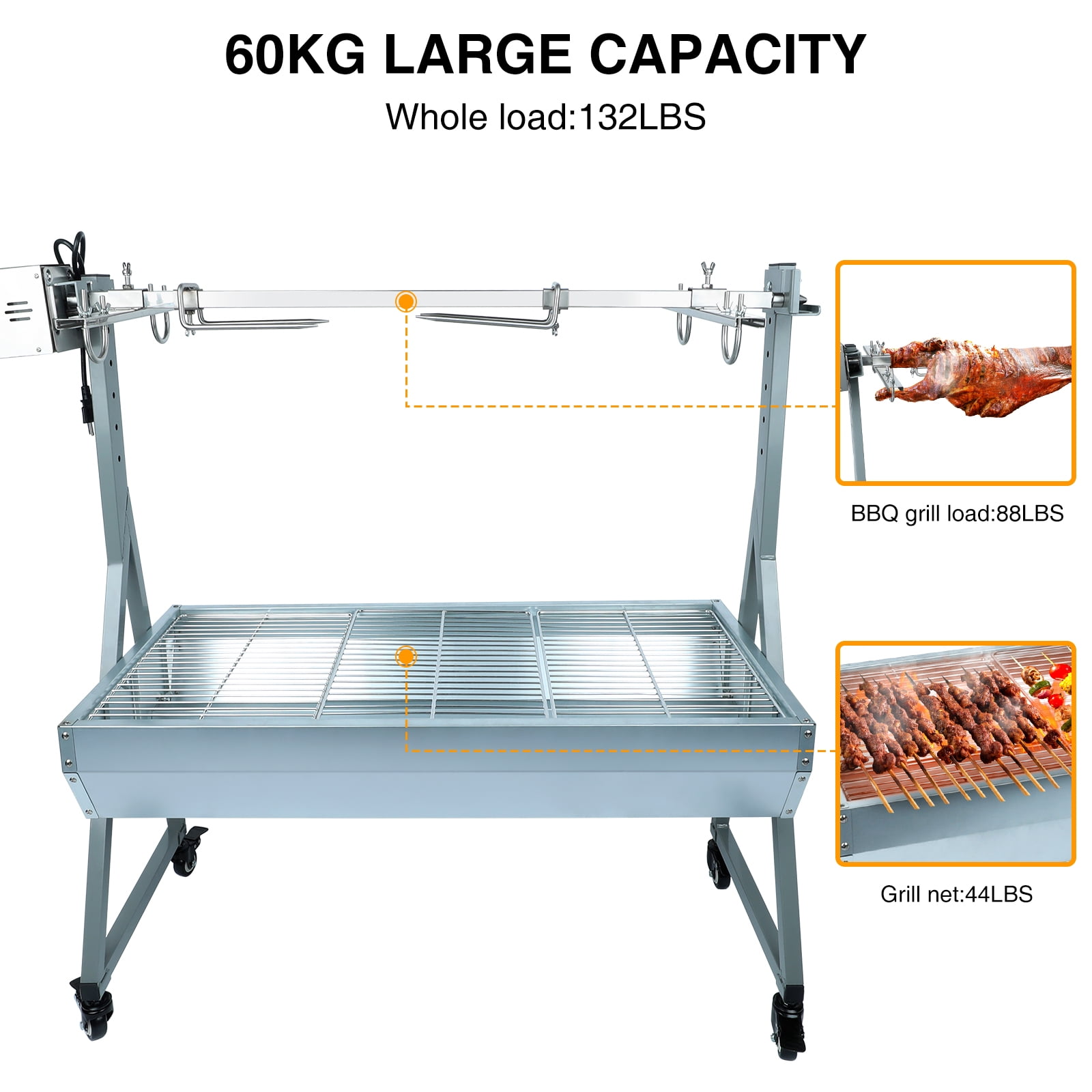 Ecojoy Rotisserie Grill Roaster, 132lbs Charcoal Grill Outdoor BBQ Grill Pig Lamb Spit Roaster with 25W Motor and Hand Crank
