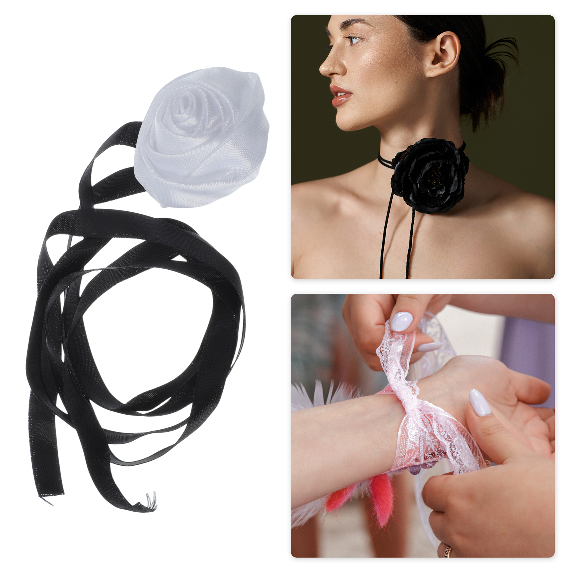 Unique Bargains Satin Rose Tie Choker Necklace White, Black