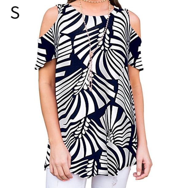 Camiseta de mujer con cuello redondo y hombros descubiertos Camiseta con estampado floral, negro, blanco, S AweSitey AP001532-01