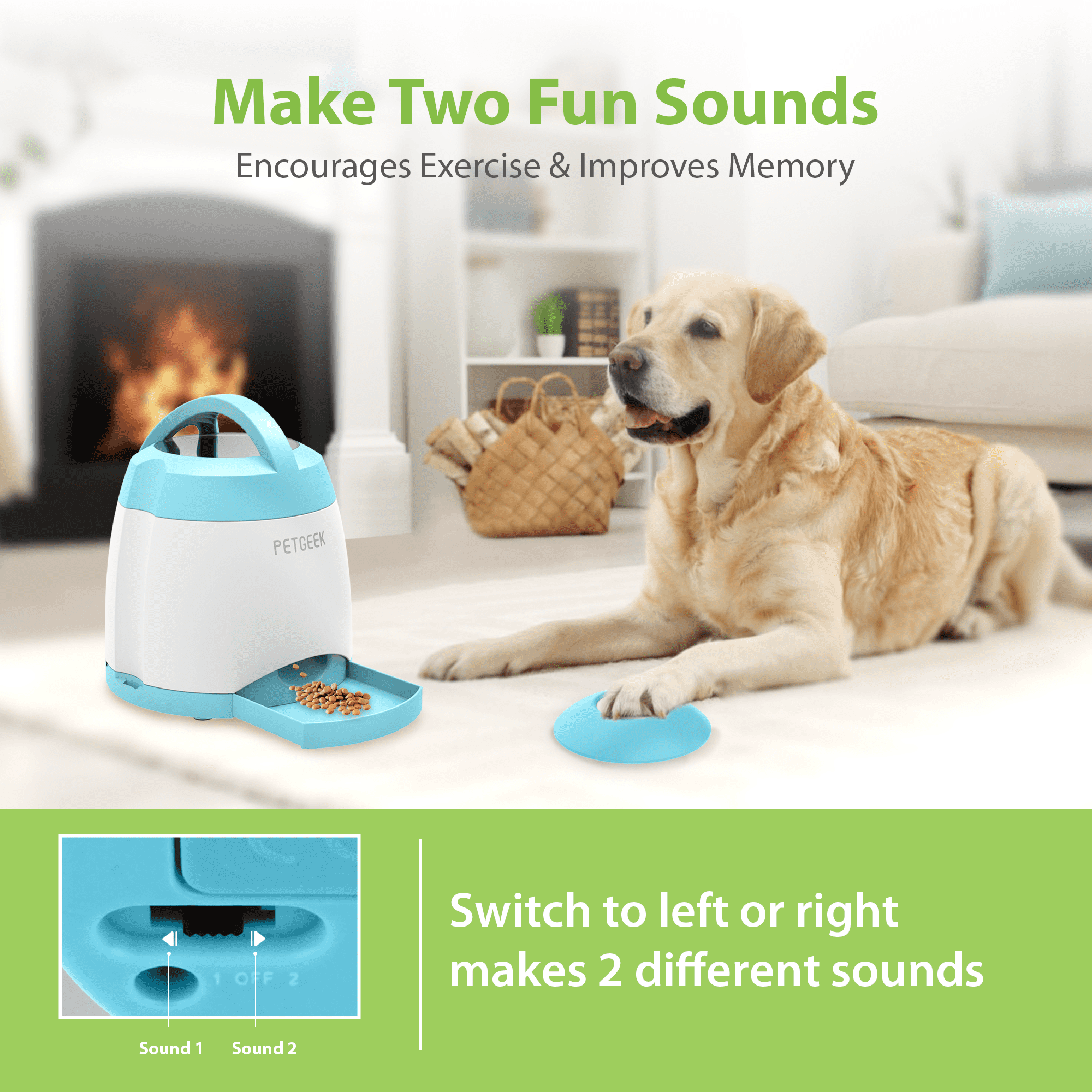 PETGEEK Automatic Dog Treat Dispenser, Interactive Pet Toy Food Dispensing for IQ Training, Dog Food Dispenser with Button Remote Push, Dual Power Supply for Indoor
