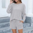 thumbnail image 6 of Lounge Sets for Women 2 Piece Knitted Fashion Casual Outfits Long Sleeve Pullover Sweatshirt Tie Waist Shorts Tracksuit, Gray, L, 6 of 7