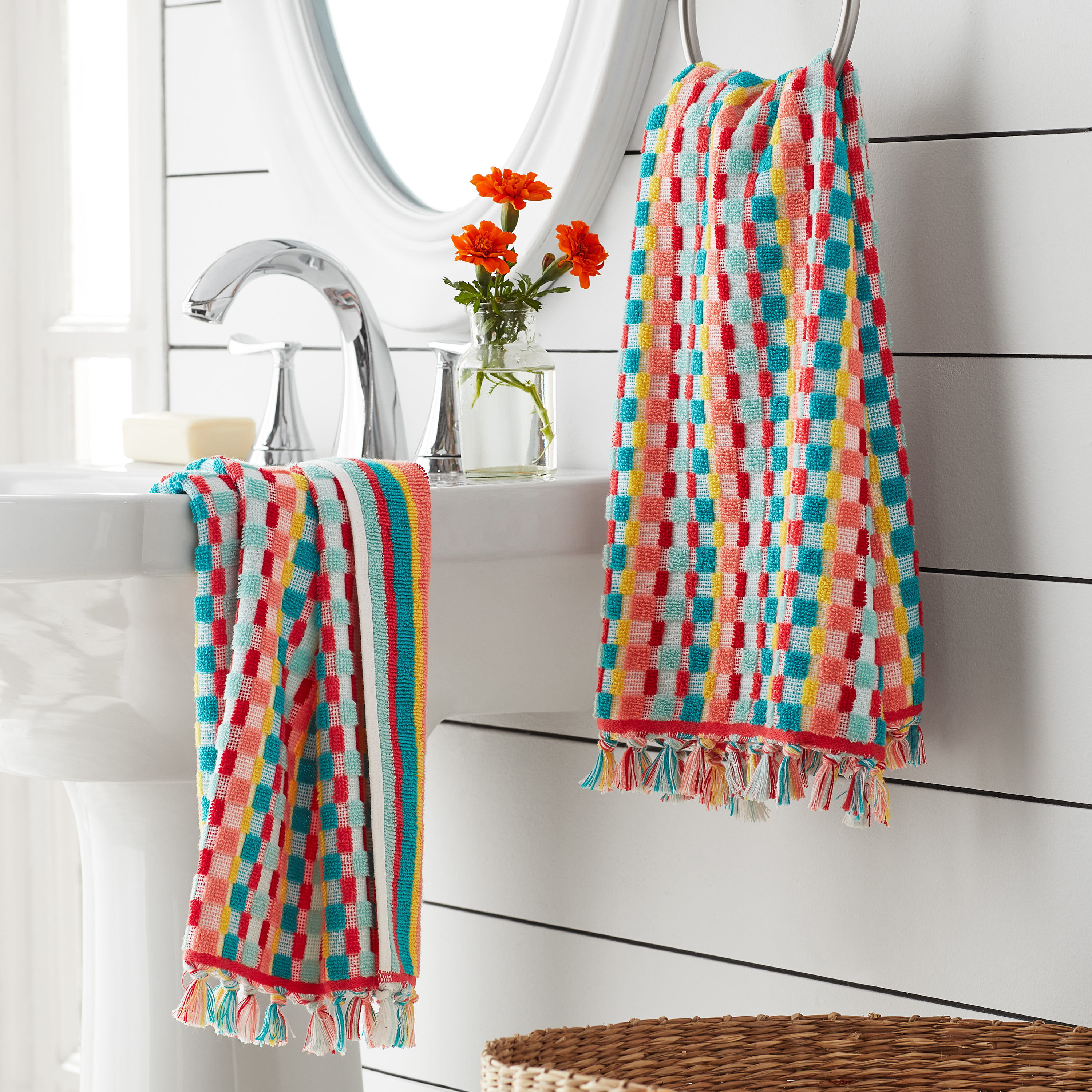 The Pioneer Woman Dotted Stripe 2-Pack Cotton Hand Towel Set, Teal 