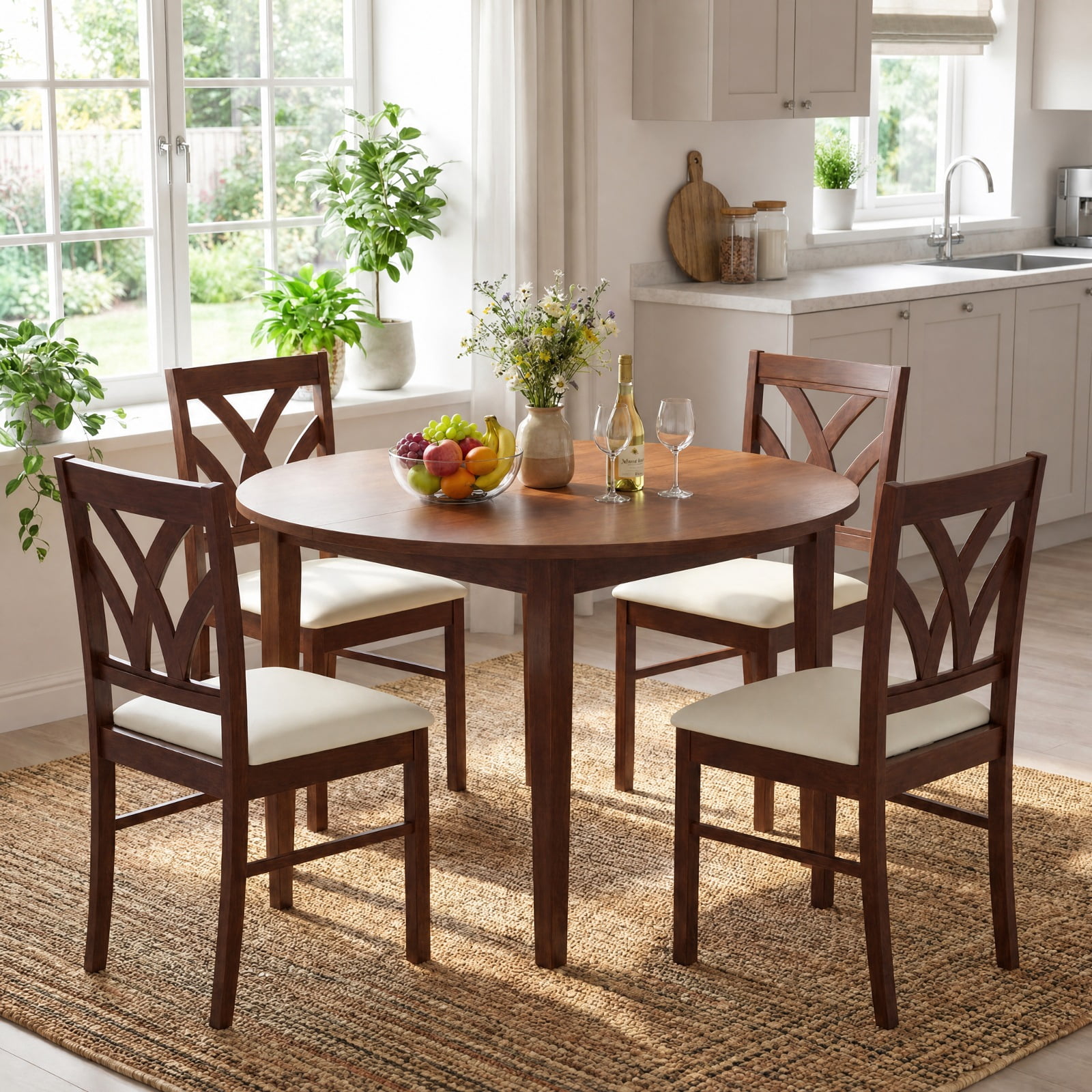 Furnibear Upholstered Wooden Dining Chairs Set of 2 with Hollowed Backrest and Padded Seats on Solid Rubber Wood Frame, Brown