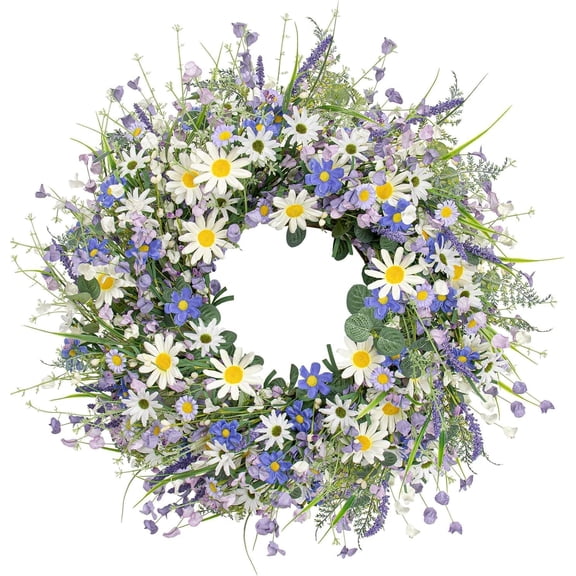 YTTAL 24" Spring Wreaths for Front Door - Artificial Spring Door Wreath Summer Floral Wreath with Wildflower White Sunflower for Porch Indoors Outdoor Window Wall Home Decorations