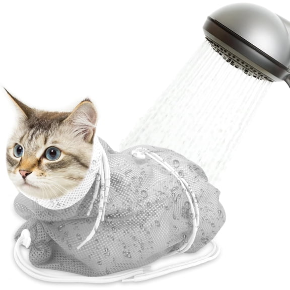 Xekoro Breathable Mesh Cat Shower Bag, Anti Scratch Cat Bathing Bag,Adjustable Soft Polyester Grooming Bag White-Gray