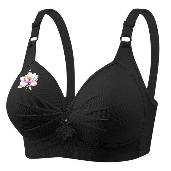 Womens Wireless Bra Plus Size Breathable Daily Underwear Small Print Bra Black XS-4XL