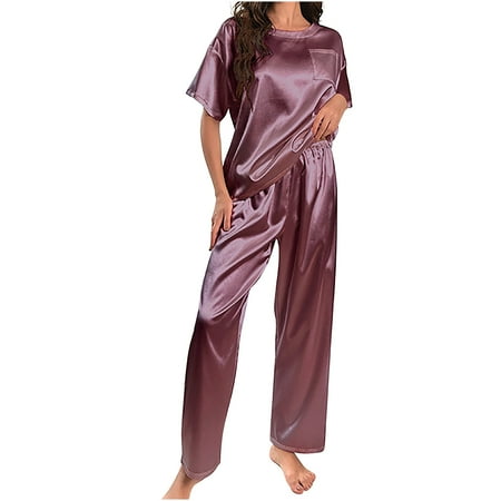 

Summer Savings Clearance 2023! pbnbp Two Piece Outfits for Women Plain Satin Short Sleeve Tops and Trousers Set Casual Homewear Pajamas Suits