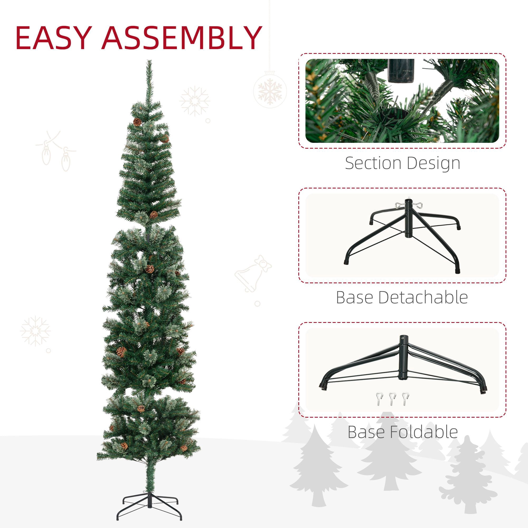 9.5 ft Pencil Christmas Tree, Slim Artificial Xmas Tree with Realistic Branches, Pine Cones and Metal Base, Unlit Holiday Decoration for Indoor Spaces