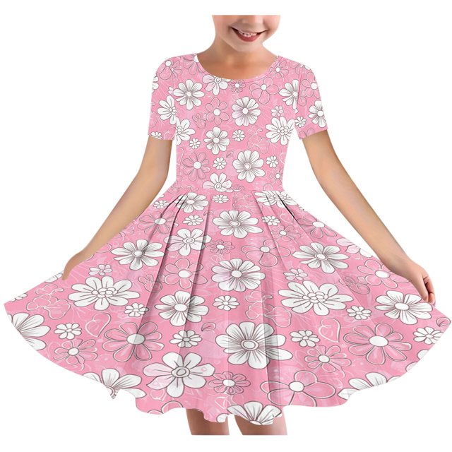 RXIRUCGD 2025 Summer Clothes for Kids Girl's Flower Print Short Sleeve Stretchy Dress Summer Sleeve Round Neck Dress Dance Skirt for Kids
