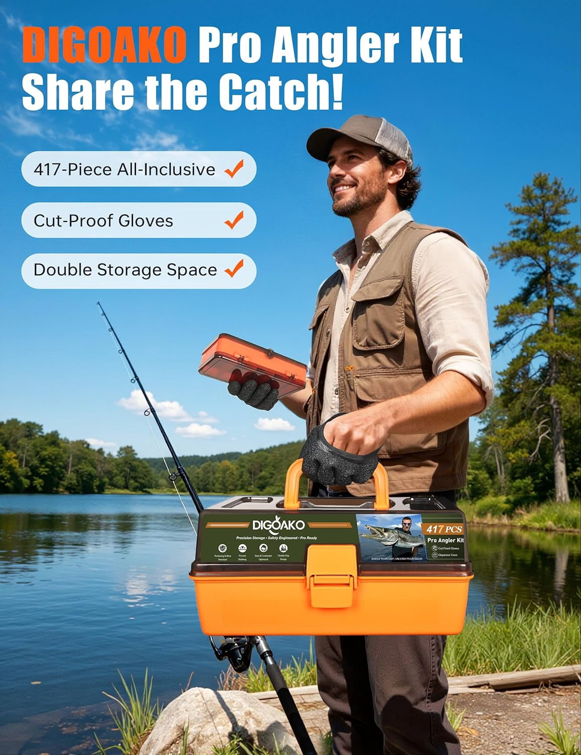 Large 3-Layer Fishing Tackle Box with 417 Pcs Kit, All-in-One Lure Set for Anglers