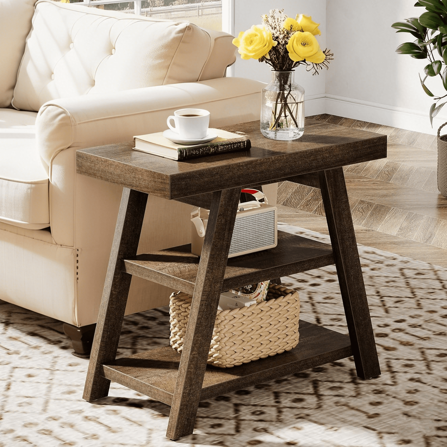 Tribesigns End Table for Living Room, 3-Tier Narrow Wood Farmhouse Sofa Side Table with Storage Shelf, Vintage Heavy-Duty Bedside Table for Bedroom, Rustic Brown