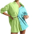 thumbnail image 2 of Idoravan Women Sets Clothing Clearance Spring and Summer Two-piece Color-blocking Single-breasted Long-sleeved Lapel Shirt Shorts Loose Fashion Casual Suit, 2 of 5