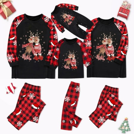 

NEGJ Family Matching Christmas Pajamas Set Plaid Sleeves Beautiful Pattern Printing Festive Joy Festiva