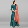 thumbnail image 5 of Janasya Indian V-Neck Bell Sleeve Solid Green Poly Silk Kurta With Palazzo and Dupatta For Women, 5 of 9