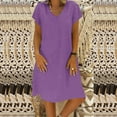 thumbnail image 2 of Robes pour Femmes Liquidation Femmes Manches Courtes Col en V Décontracté Chaud Vacances Couleur Unie Mini Robe Droite Coton Lin Robe T-Shirt Printemps Été Robes pour Femmes, 2 of 5