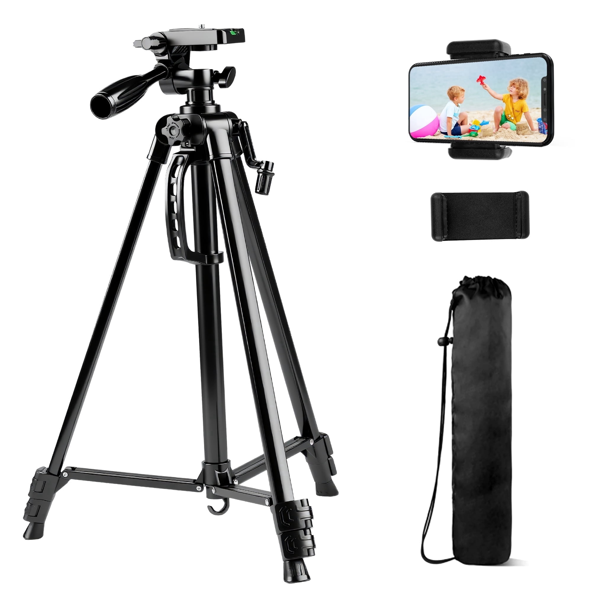 55'' Tripod for Camera, BUSATIA Camera Tripod for DSLR/ Camcorder/Phone/GoPro, with Cellphone Clip for Smartphone Live Streaming Vlog, with 3-Way Swivel Pan Head and Carrying Bag