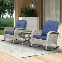 PARKWELL 3-Piece Wicker Rocking Chair with Side Table and Cushions - Outdoor Patio Bistro Set - Gray Wicker, Blue Cushions