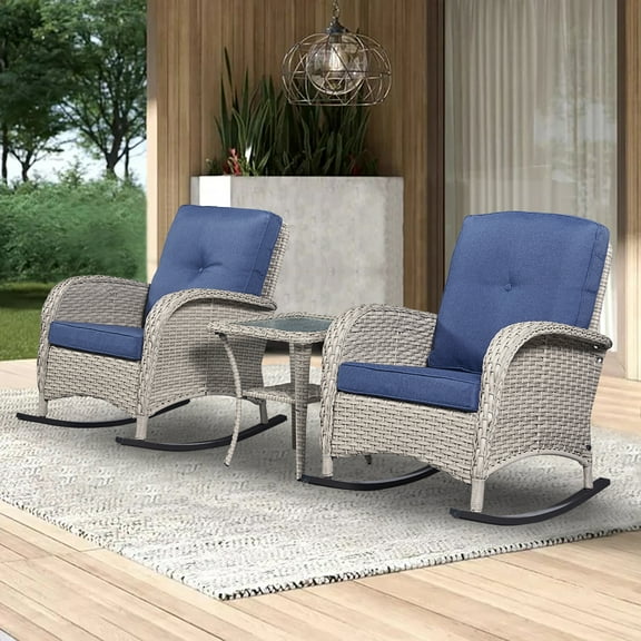 PARKWELL 3-Piece Wicker Rocking Chair with Side Table and Cushions - Outdoor Patio Bistro Set - Gray Wicker, Blue Cushions