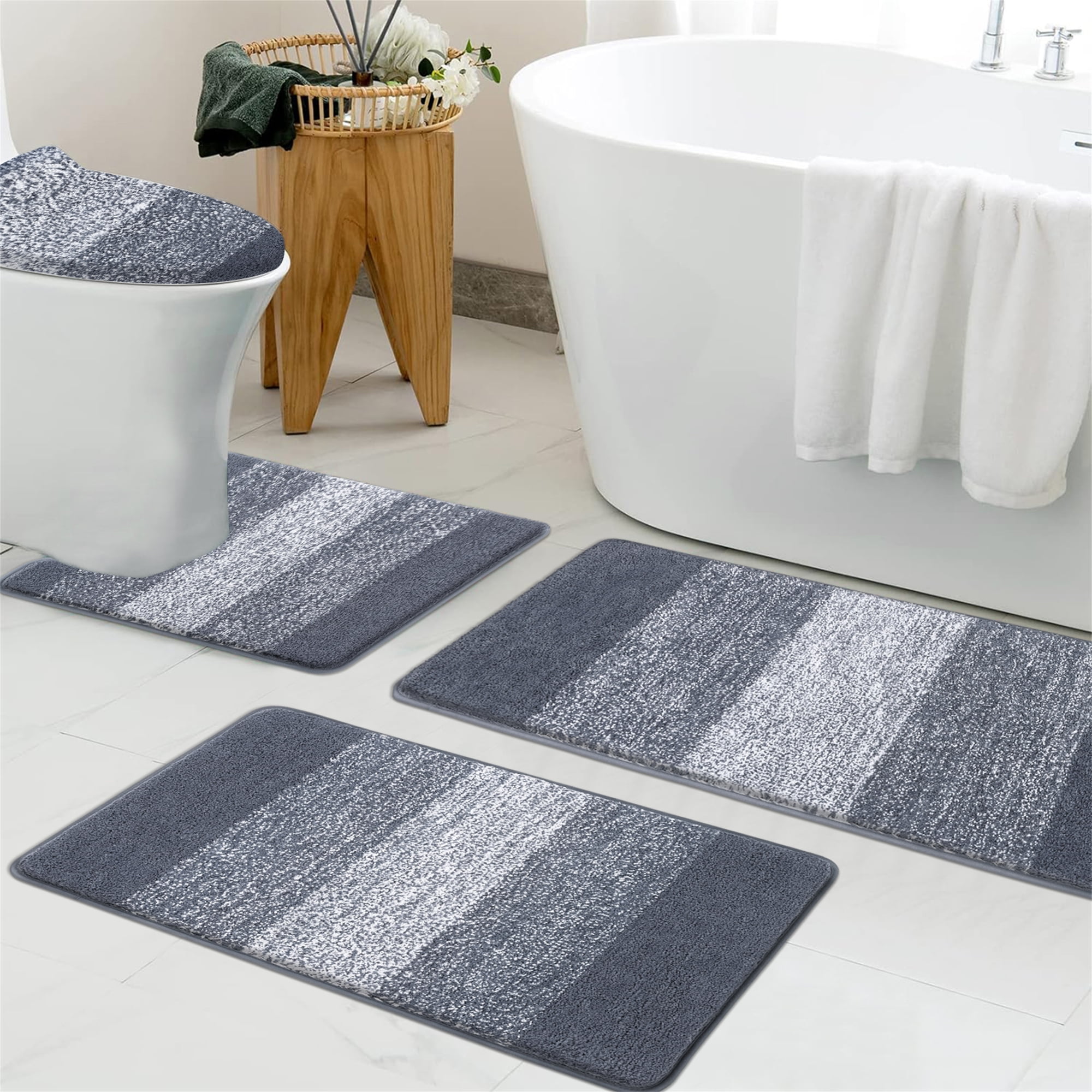 Ileading Traditional 4 Piece Microfiber Washable Bathroom Rug Set, Grey