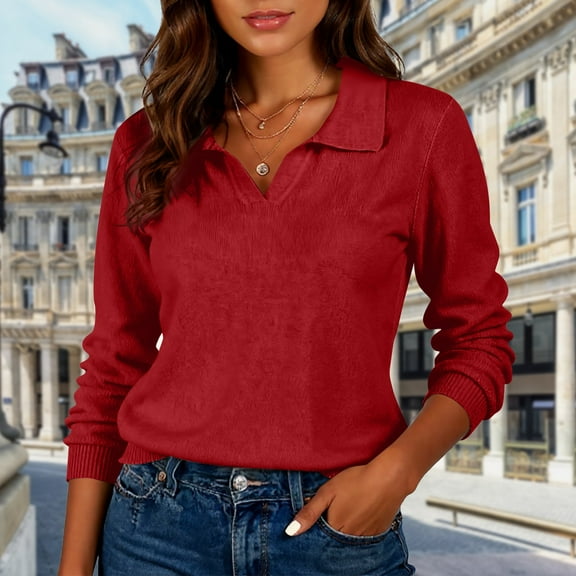 Resicozy Women's Knitted Collared Sweaters Long Sleeve V-Neck Polo Shirts Winter Casual Fashion Solid Color Pullover Tops Wine S