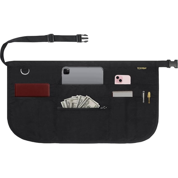 7 Pockets Server Apron with Buckle Closure & Zippered Money Pouch – Stain Resistant, Black Waitress