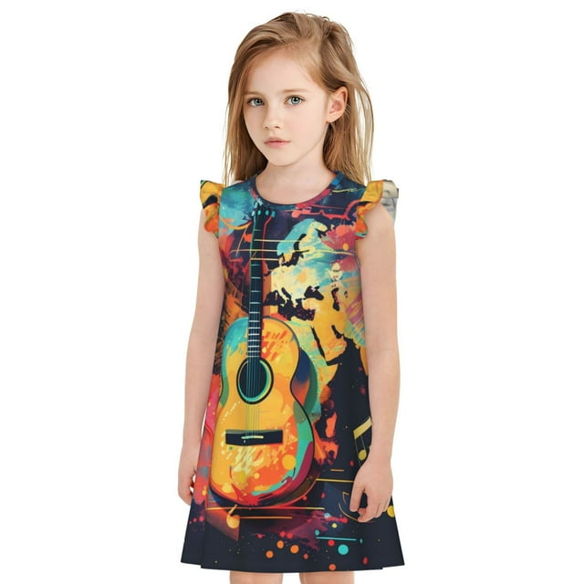 Balery World Map Guitar Illustration Camisón de princesa para niñas, pijama de algodón con mangas abullonadas, suave y bonito.-XX-Large