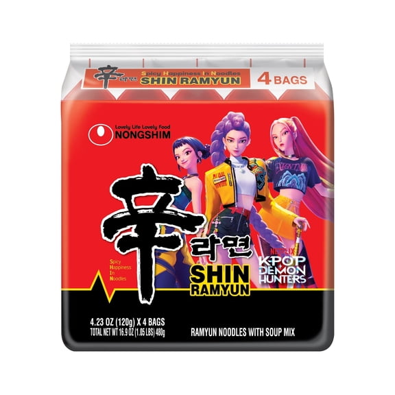 Nongshim Shin Ramyun Spicy Beef Ramen Noodle Soup Pack, 4.23oz X 4 Count