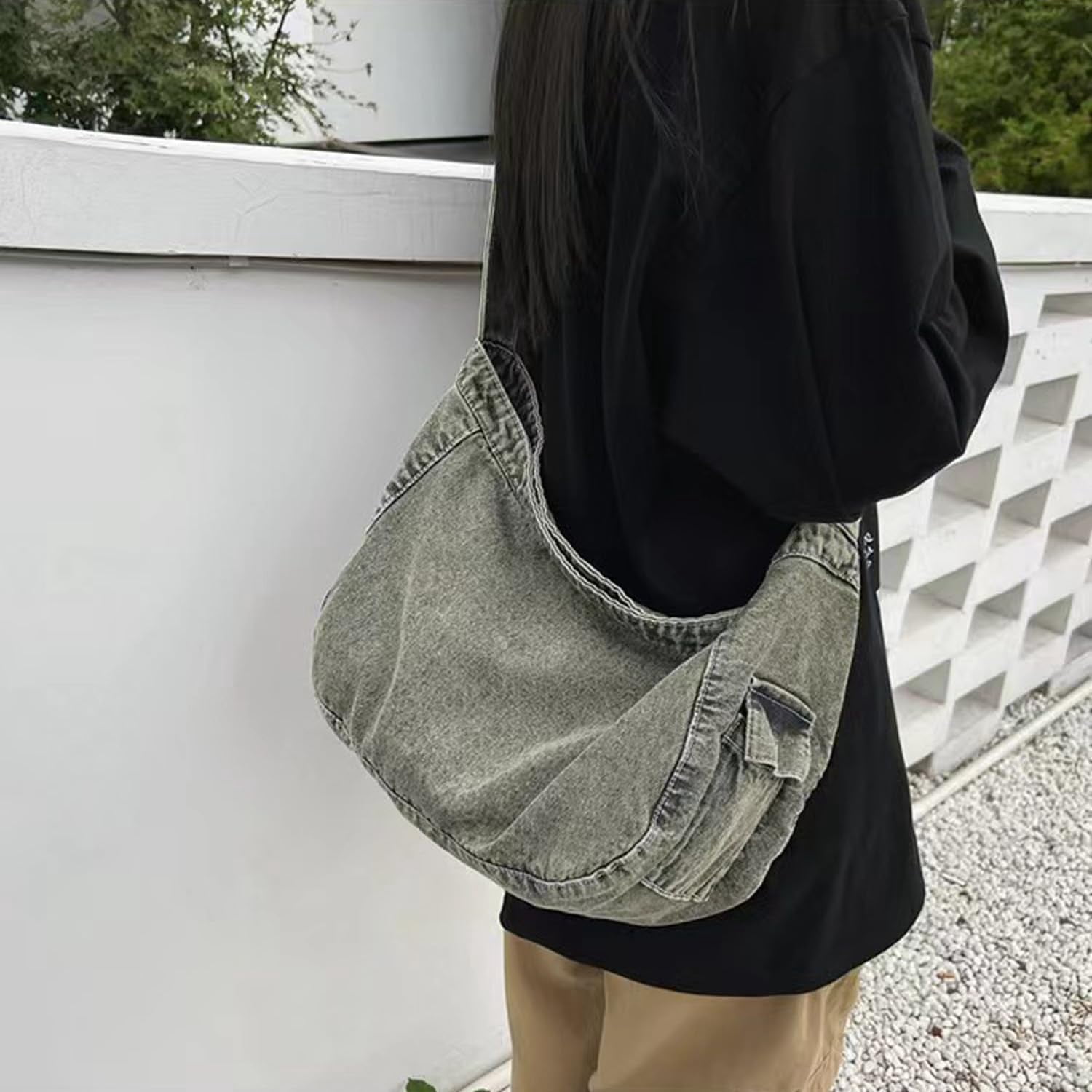 Denim Canvas Messenger Bag Large Crossbody Bag with Multiple Pockets Casual Shoulder Aesthetic Tote Bag for Women and Men