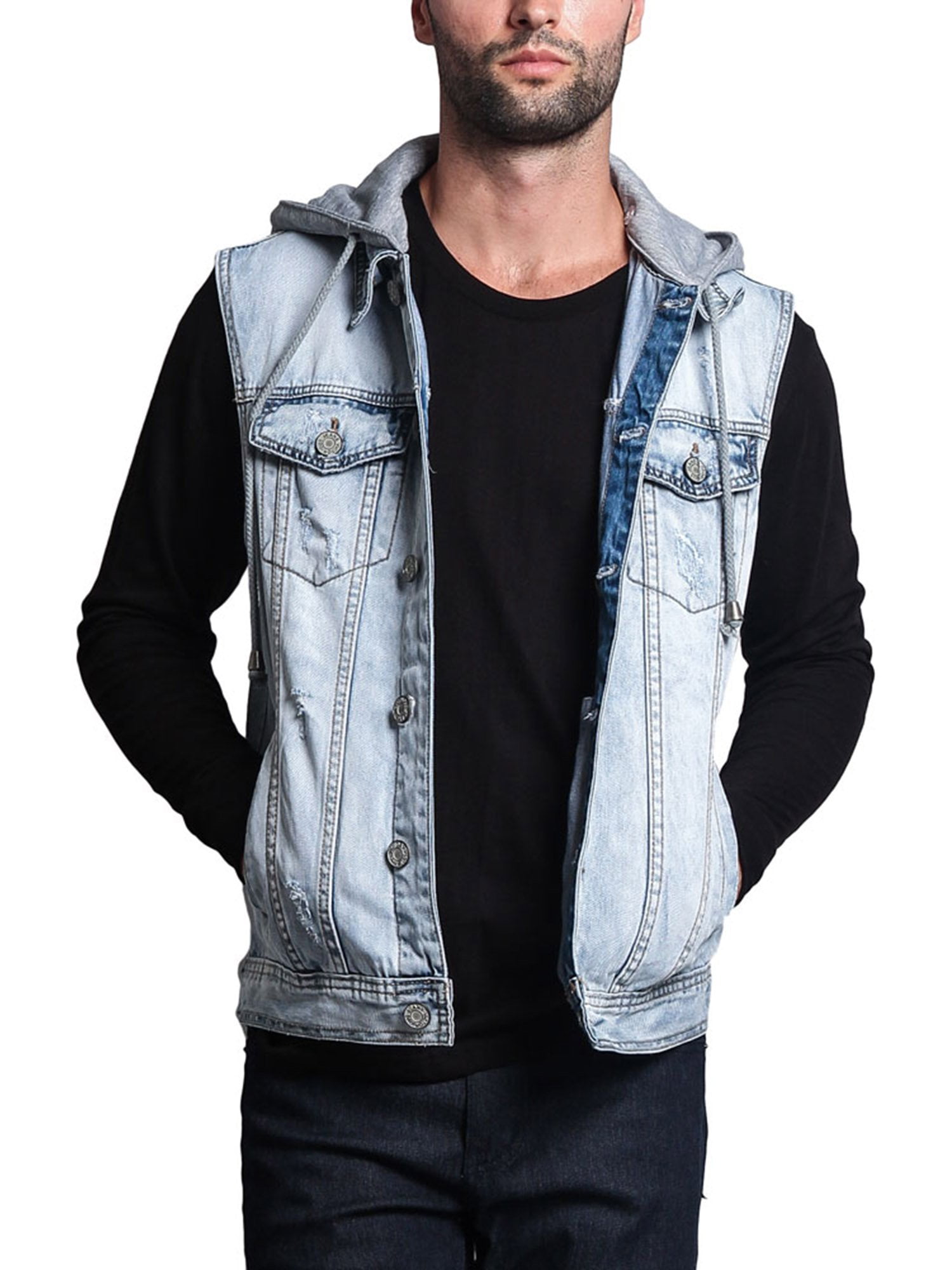 G-Style USA Men's Detachable Hood Denim Jean Vest DK108 - ICE - 3X-Large