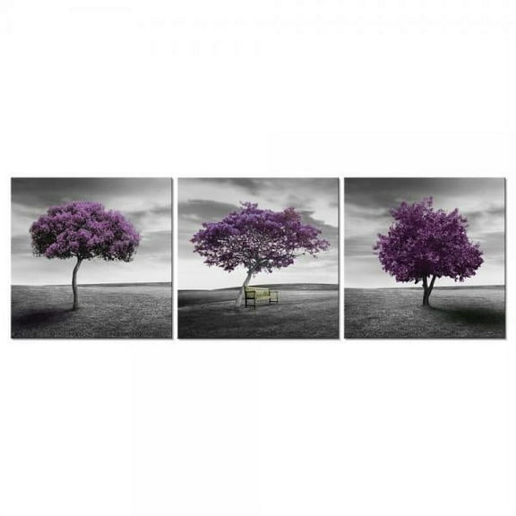 Pyradecor 3 Piece Purple Trees Modern Stretched and Framed Landscape Artwork Giclee Canvas Prints Fall Forest Pictures Paintings