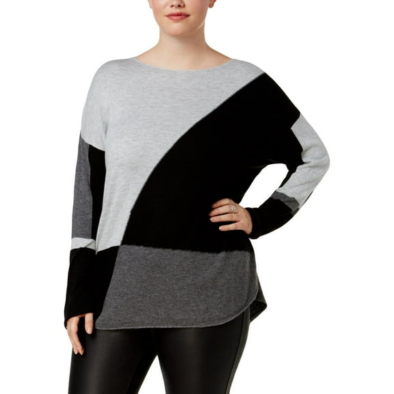 INC Womens Plus Knit Colorblock Pullover Sweater Gray 3X