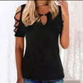 thumbnail image 2 of USSUMA Cute Strappy Cold Shoulder Graphic Summer Tops for Women 2022 Trendy Floral Print Womens Tunic Tops Round Neck Basic Shirts Tees Short Sleeve Dressy Blouses for Women, 2 of 5